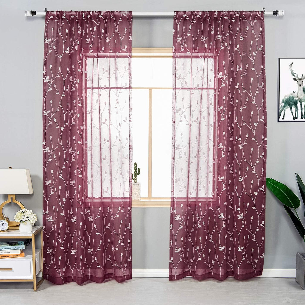 AmHoo 2 Panels Embroidered Leaf Pattern Semi Sheer Curtains Foliage Floral Voile Window Draperies Treatment for Bedroom Living Room Rod Pocket Burgundy Red 53 x 95 Inch