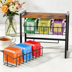 Tea Bag Organizer, 3 Tier Tea Bag Holder with 2 Removable Baskets, Wood and Metal Tea Organizers and Storage Chest for Countertop Kitchen, Office, Brown, Space-Saving Tea Storage Rack