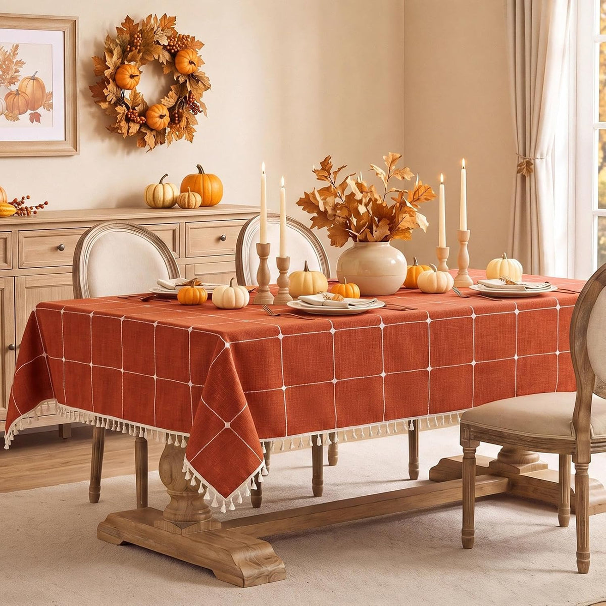 Softalker Fall Linen Rectangle Tablecloth with Tassel, 55 x 120 Inch