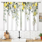 Eucalyptus Botanical Leaves Yellow Lemon Kitchen Window Curtains Herb Plant Floral Fruit Small Window Treatment Sage Green Cafe Short Curtains for Bathroom Treatment Tier Drapes 27.9x39 inch