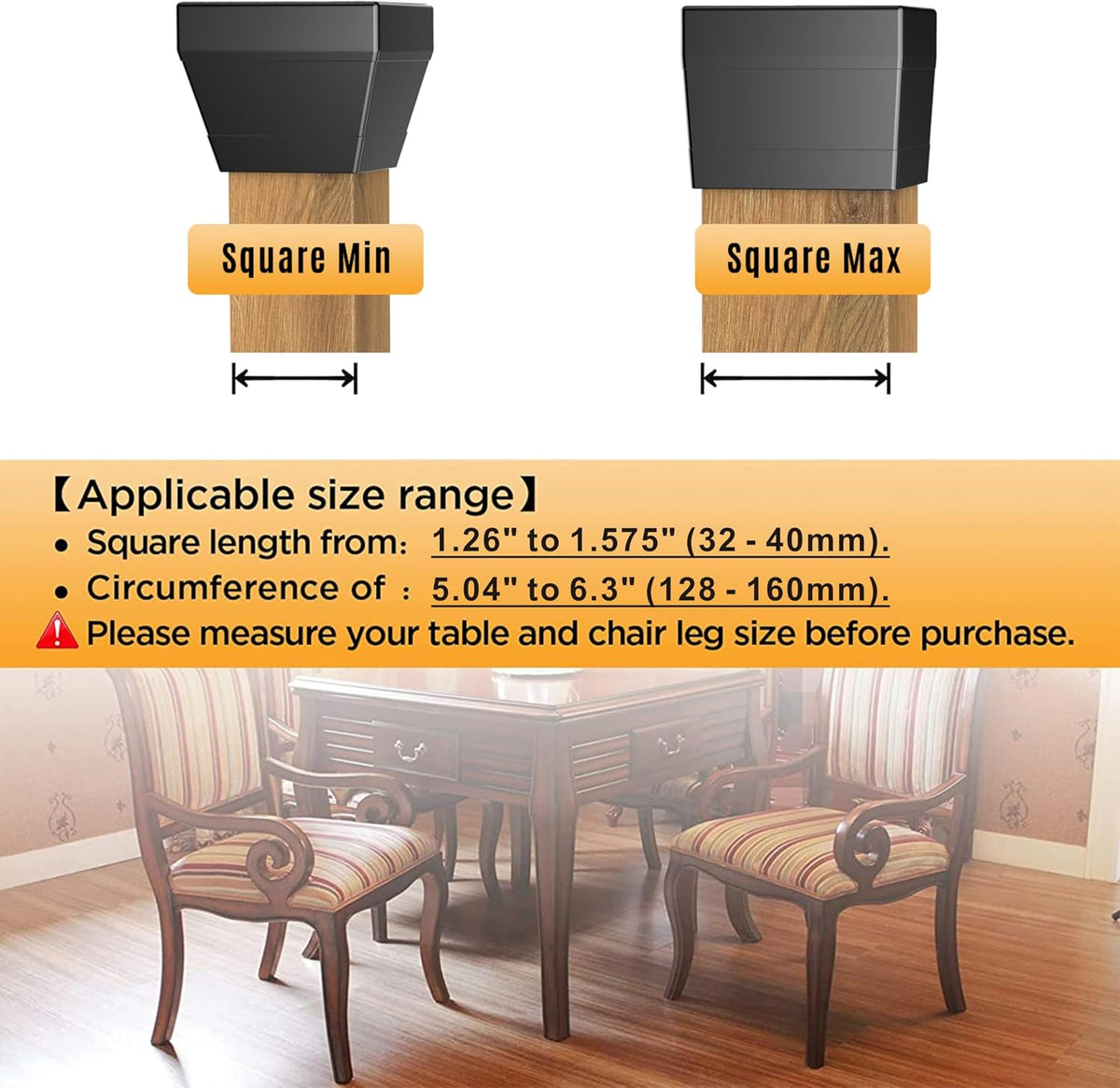 16 Pcs Non Slip Square Chair Leg Protector, Black, 1.26-1.57".