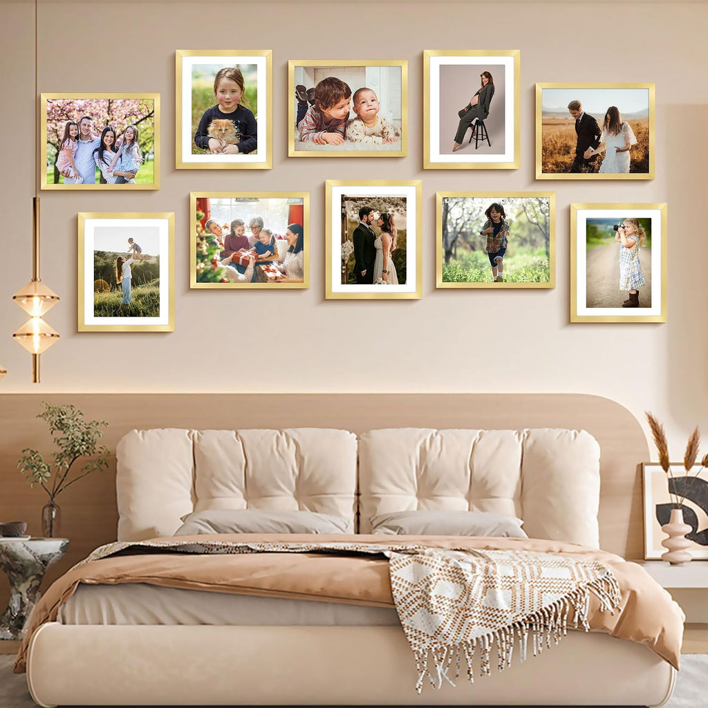 FIXSMITH 8x10 Picture Frame Bulk-6 Pack, Gold Picture Frames Collage Wall Decor, Wall & Tabletop Picture Frames, Photo Frame with HD Plexiglass, Display Pictures 5x7 with Mat or 8x10 Without Mat