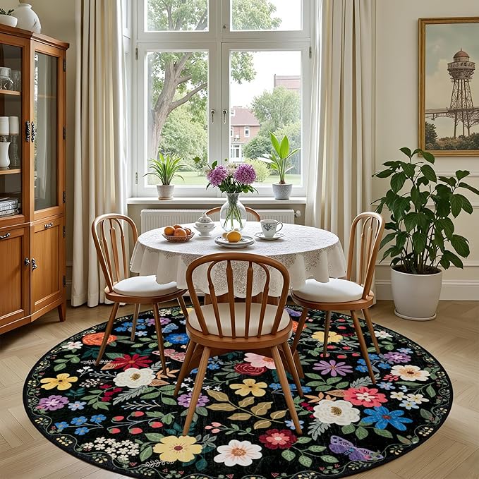Round Area Rug for Living Room: 4 ft Floral Washable Circle Rug Soft Boho - Image 4