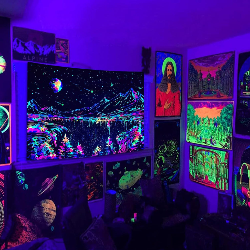 Zussun Blacklight Mountain Tapestry Starry Night Tapestries for Bedroom Aesthetic Moon and Stars Tapastry Wall Hanging Glow in The Dark Nature Forest Wall Tapestry for Living Room Dorm (48'' × 36'')