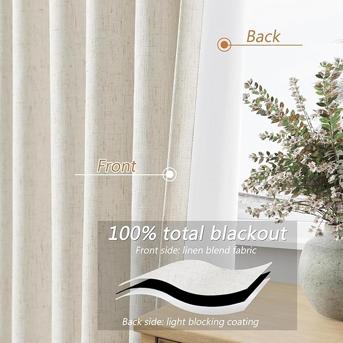 Guken Cream 100% Blackout Linen Curtains 100 Inch Wide by 96 Inch - Image 4
