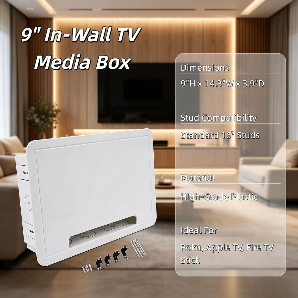 9" in-Wall Media Box in Wall Cable Management Kit Recessed TV Outlet & Network Enclosure Compatible with Roku, Apple TV, Fire Stick, Fits 16" Stud Bay