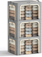 3 Openings Clothes Storage Bins with Metal Frame, Foldable Storage Bin for Clothes, Clothing Storage Bins with Lid, Linen Storage Box With Clear Window＆ Zippers＆ Durable Handles.(3 Pcs ,Beige,40L)