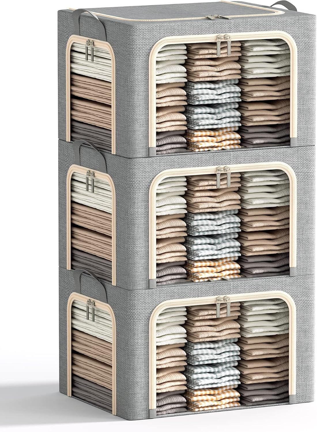 3 Openings Clothes Storage Bins with Metal Frame, Foldable Storage Bin for Clothes, Clothing Storage Bins with Lid, Linen Storage Box With Clear Window＆ Zippers＆ Durable Handles.(3 Pcs ,Beige,40L)