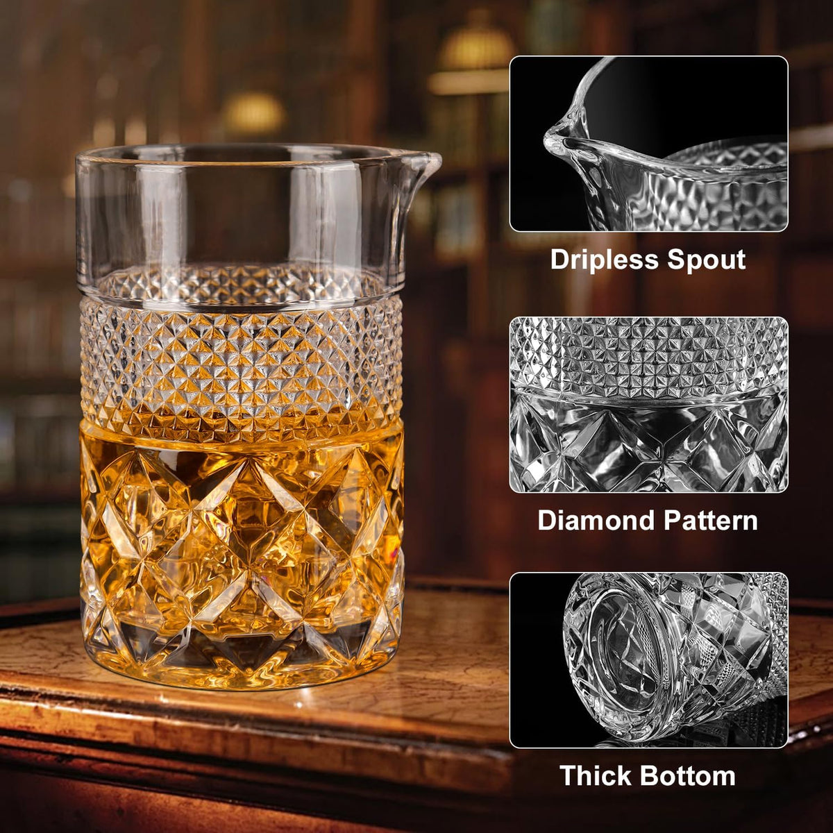 Cocktail Mixing Glass, 22oz Crystal Pitcher Thick Base Design Bartending Glasses - Barware Essentials