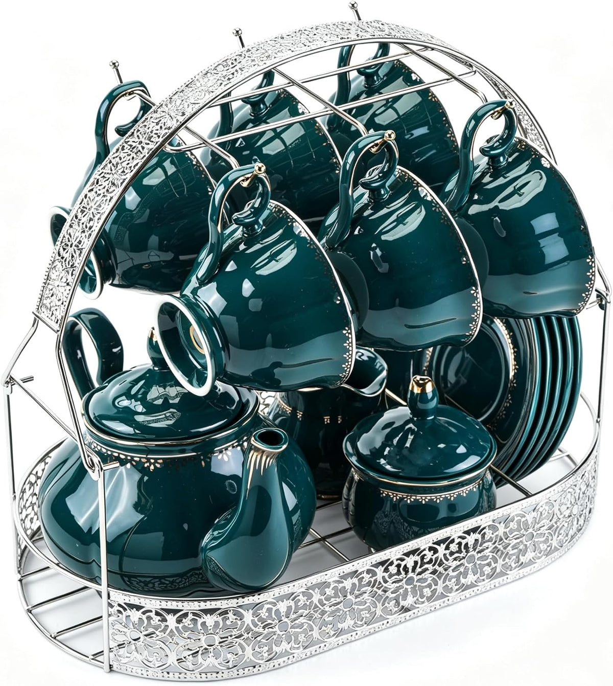 CHENP.HMC Coffee Mug Holder with Oval Drip Tray Vintage Lace Cutout Iron Coffee Cup Rack, Countertop Tea Cup Organizer Display Stand for Kitchen Coffee Bar Decor (Silver)