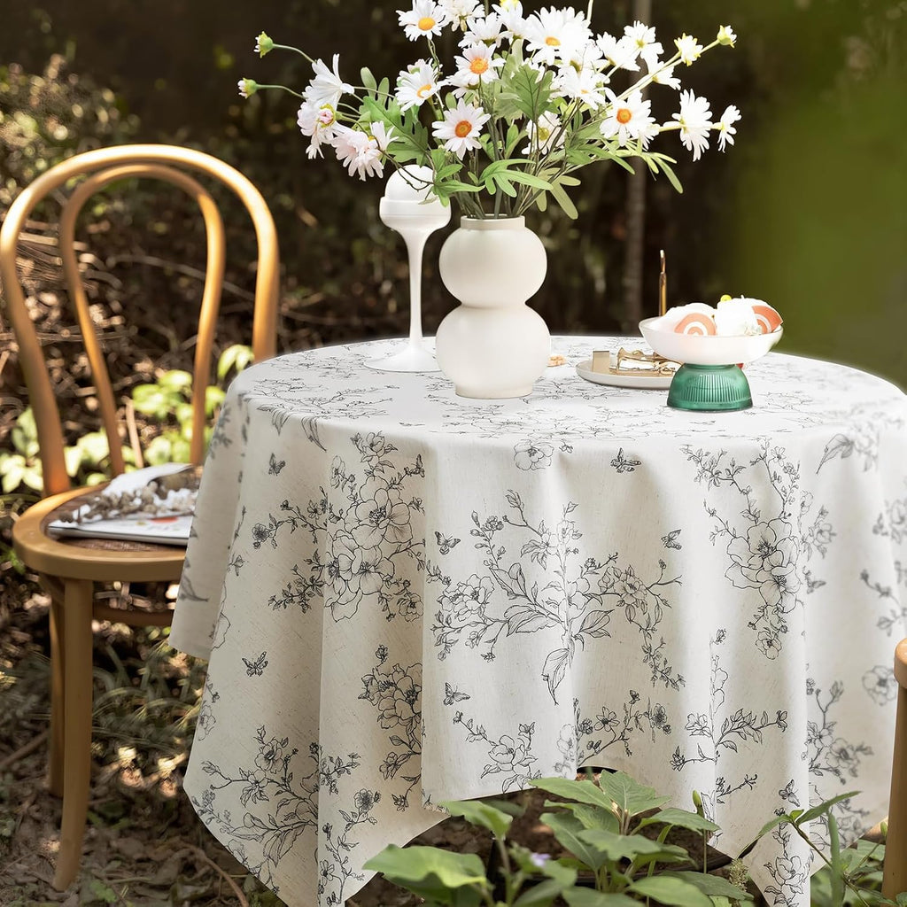 Floral Square Tablecloth 55x55 Inch Linen Table Cloth with Black Flowers