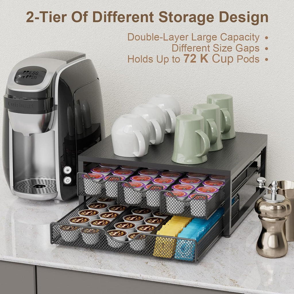 Coffee Pod Holder For Counter, 3 Pull-Out 72 K Cup Holder Drawer, Wooden Cafe Pods Storage Organizer with Sliding Drawers for Coffee Station, Home, Kitchen, Office, Dorm (Black)