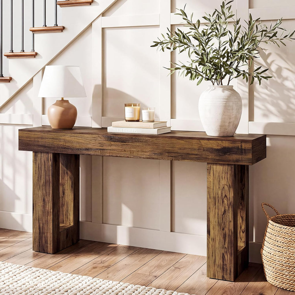 LITTLE TREE 63 Inches Long Sofa Table, Industrial Console Table for Entryway, Wooden Sofa Table for Living Room, Behind Couch Table, Rectangle Hallway Foyer Table for Entrance, Rustic Brown