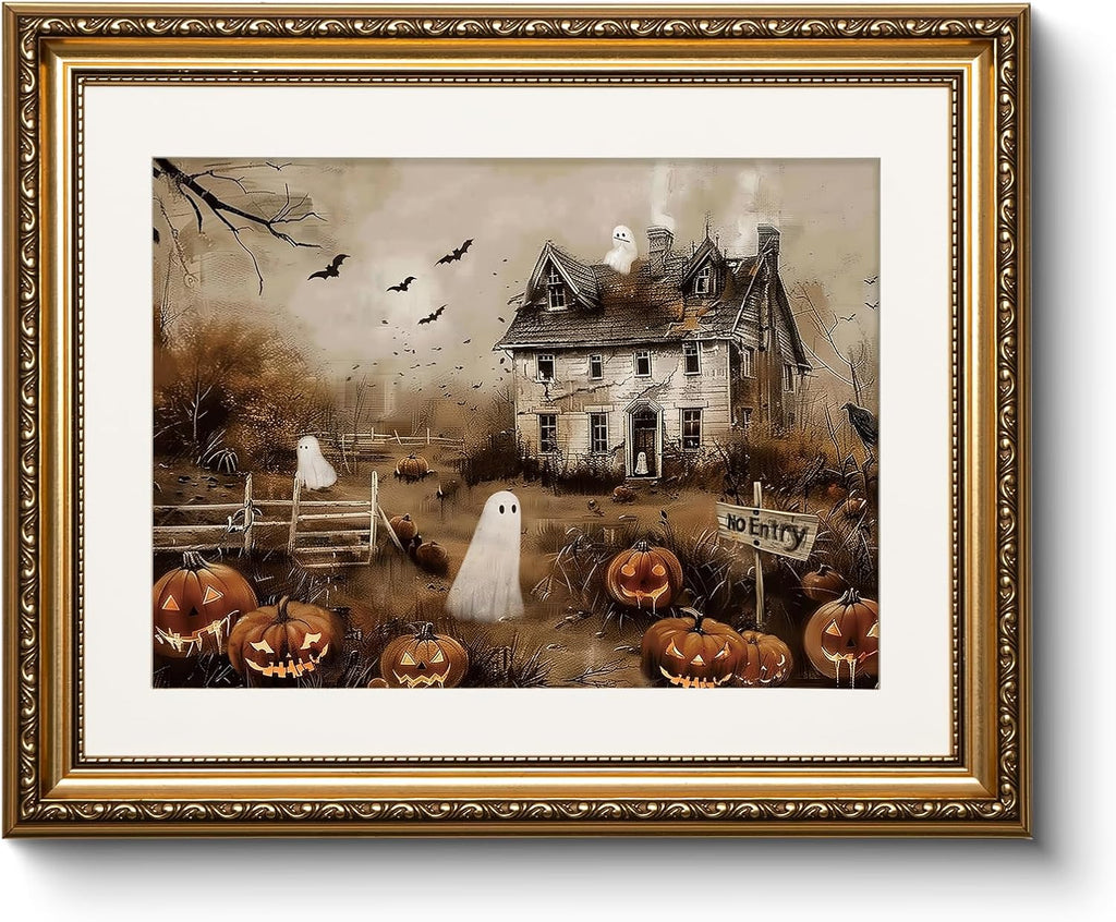 Vintage Gold Framed Spooky Halloween Wall Art, 13x16 Haunted House Jack-o’-Lanterns Bats Canvas Painting Print, Ghosts Pumpkins Halloween Picture Holiday Home Room Atmospheric Decor