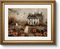 Vintage Gold Framed Spooky Halloween Wall Art, 13x16 Haunted House Jack-o’-Lanterns Bats Canvas Painting Print, Ghosts Pumpkins Halloween Picture Holiday Home Room Atmospheric Decor