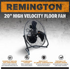 Remington High Velocity Floor Fan, 3 Speed Portable Cooling Unit - Heavy Duty Metal Airflow for Large Shops, Garages, and Warehouses, 20 Inch, Black