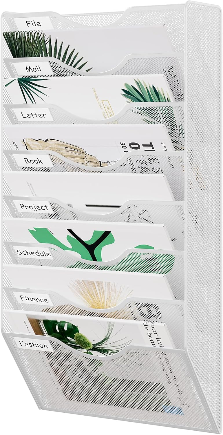 EasyPAG Wall File Organizer 5 Tier Hanging Paper Folder Holder, Zero Assembly Metal Mesh Wall Mounted Mail Organizer for Office Home Classroom Narrow Spaces, Gold