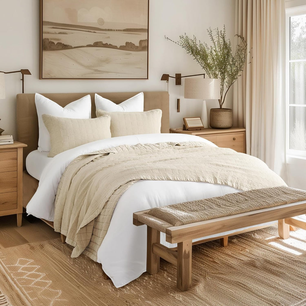 EVERGRACEHOME Stonewashed Cotton Quilt Set, King Size, Flax Beige