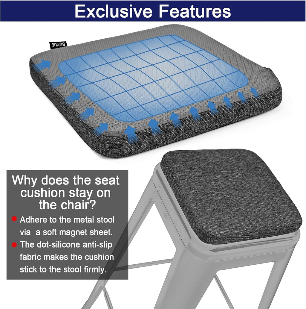 BUYUE Friendly Woven Fabric Magnetic Bar Stool Cushion 1 Piece, Enhanced Anti-Slip Breathable Small Chair Seat Pad for Café Bistro Stackable Metal Stool (Square, Dark Gray, 1)