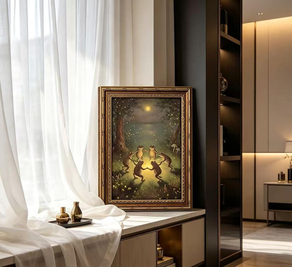 Vintage Gold Framed Frog Wall Art,Frogs Dancing in Moonlight Forest Painting Canvas Prints,Whimsical Animal Wall Decor,Retro Country Toad Poster Artwork for Corridor Living room Bedroom Kitchen