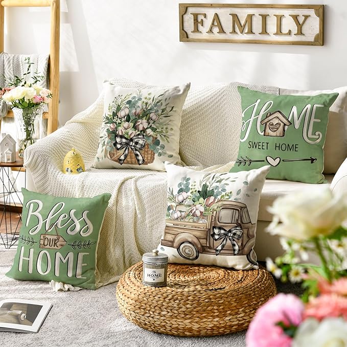 AVOIN colorlife Bless Our Home Farmhouse Eucalyptus Leaves Throw Pillow Covers - Image 2