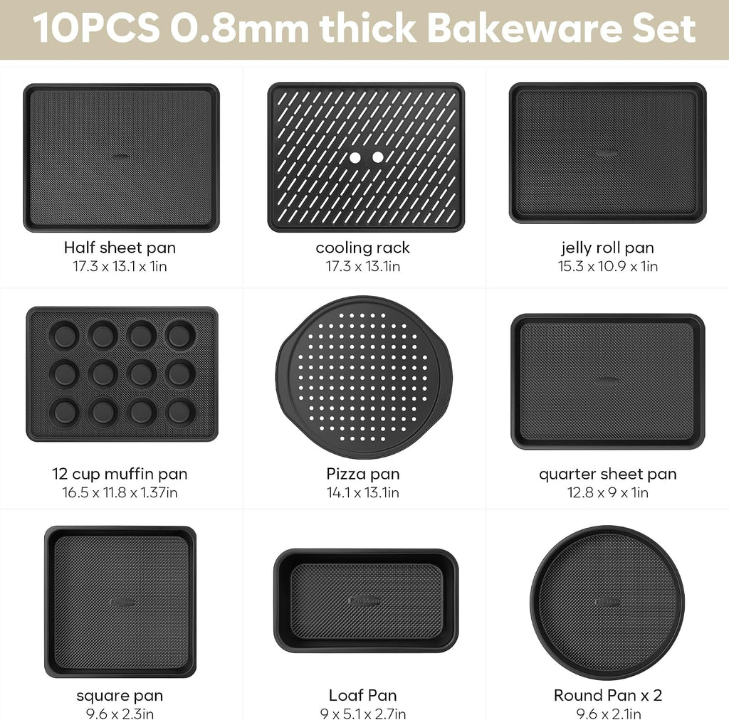 10-Piece Nonstick Bakeware Set, 0.8MM Thick Carbon Steel Baking Pan Set for Oven with Cookie Sheet, Muffin Pan, Pizza Pan, Loaf Pan and Cooling Rack, Stackable Kitchen Baking Set, PFOA/PTFE Free