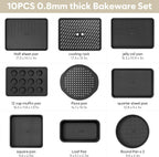 10-Piece Nonstick Bakeware Set, 0.8MM Thick Carbon Steel Baking Pan Set for Oven with Cookie Sheet, Muffin Pan, Pizza Pan, Loaf Pan and Cooling Rack, Stackable Kitchen Baking Set, PFOA/PTFE Free