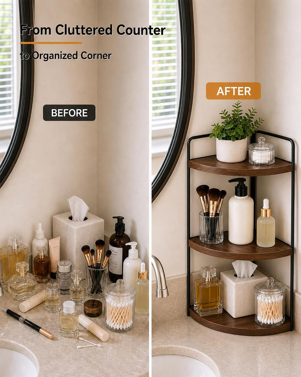 3-Tier Corner Bathroom Counter Organizer, Pine Vanity Shelf, Warm Walnut