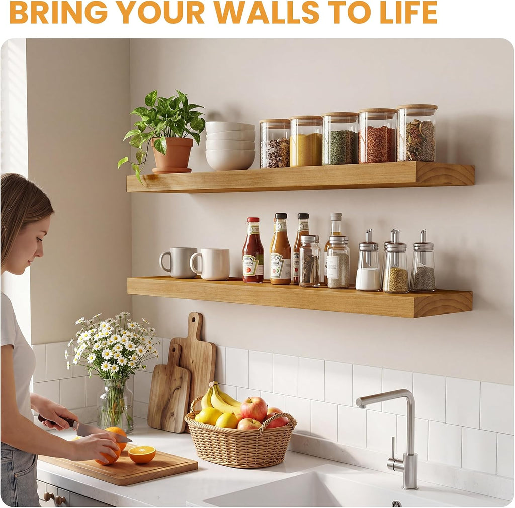 Floating Shelves for Wall, 36" x 9.3" Solid Pine Wood Wall Shelf, Wall Mounted Display Shelf with Invisible Heavy-Duty Metal Bracket, Home Decor for Bedroom, Kitchen, Living Room, Oak, 2 Pack