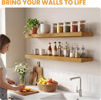 Floating Shelves for Wall, 36" x 9.3" Solid Pine Wood Wall Shelf, Wall Mounted Display Shelf with Invisible Heavy-Duty Metal Bracket, Home Decor for Bedroom, Kitchen, Living Room, Oak, 2 Pack