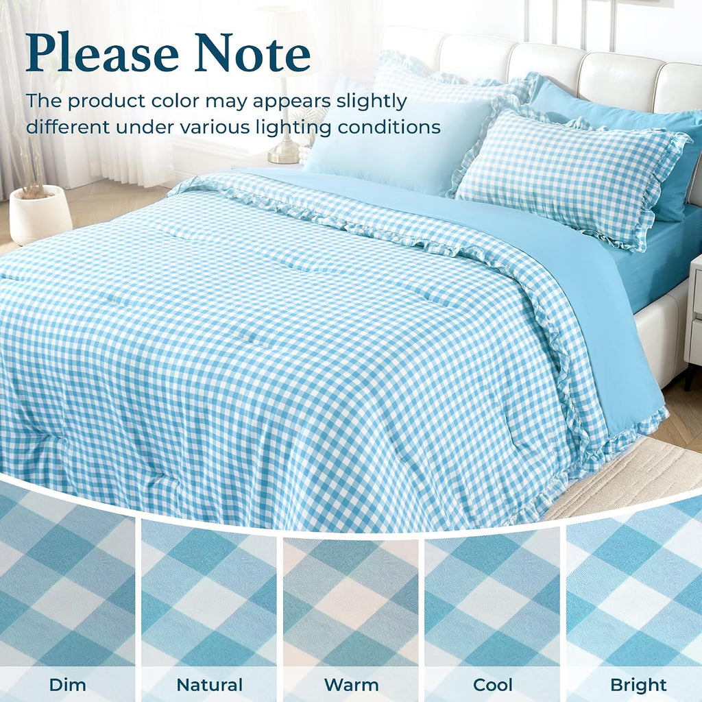 BDEUS 7 Pieces Gingham Ruffle Comforter Set Queen Size, Blue Grid Tartan Bedding Set, Soft Breathable Fabric Comforter with Flat Sheet, Fitted Sheet, 2 Pillowcases & 2 Shams, 88"X88"