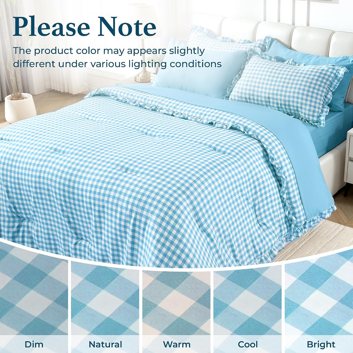 BDEUS 7 Pieces Gingham Ruffle Comforter Set Queen Size, Blue Grid Tartan Bedding Set, Soft Breathable Fabric Comforter with Flat Sheet, Fitted Sheet, 2 Pillowcases & 2 Shams, 88"X88"