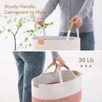 95L Laundry Hamper with Leather Handles，Laundry Basket,Coral Pink&White