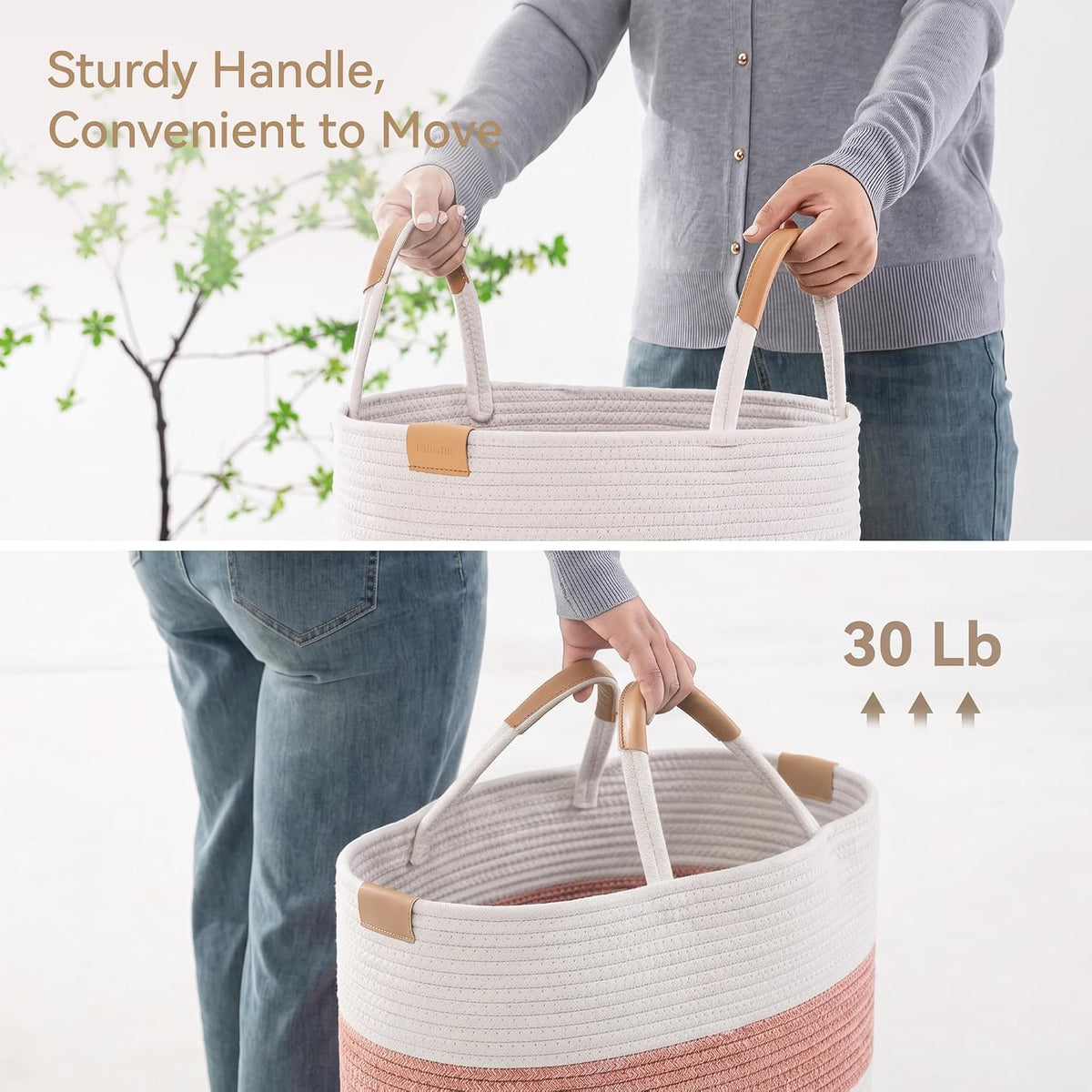 95L Laundry Hamper with Leather Handles，Laundry Basket,Coral Pink&White