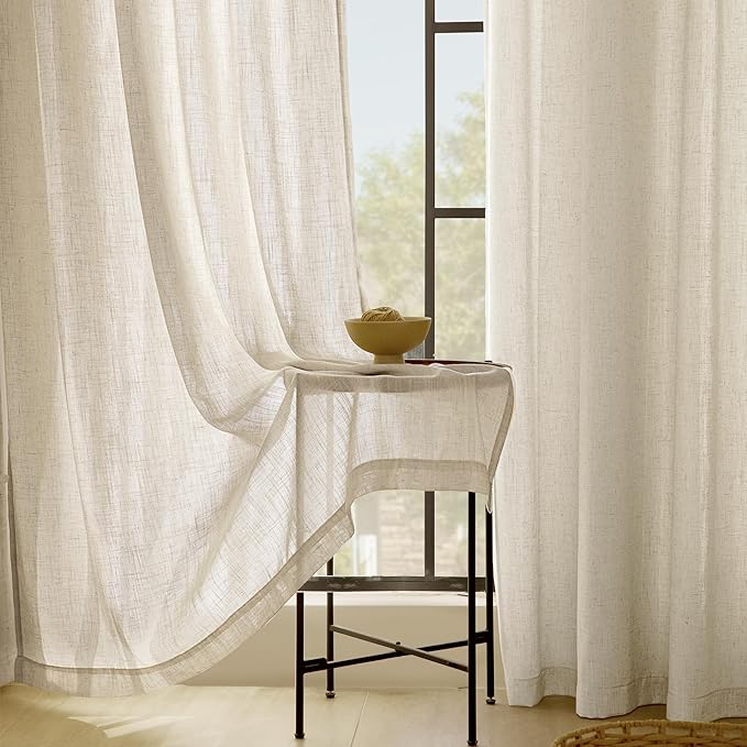 Faux Linen Beige Curtains 105 inches Long - Image 5