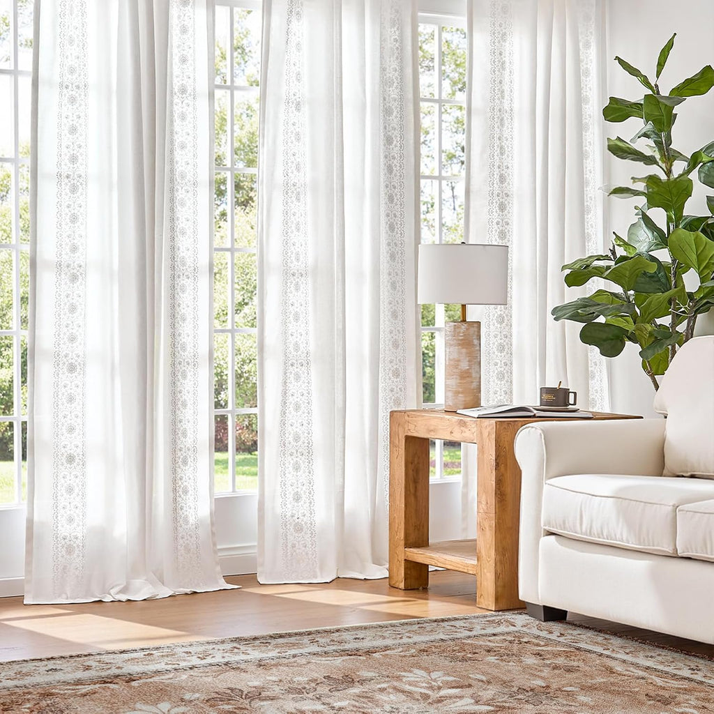 jinchan Floral Lined Linen Curtains Embroidered Back Tab 54Wx84L 2 Panels