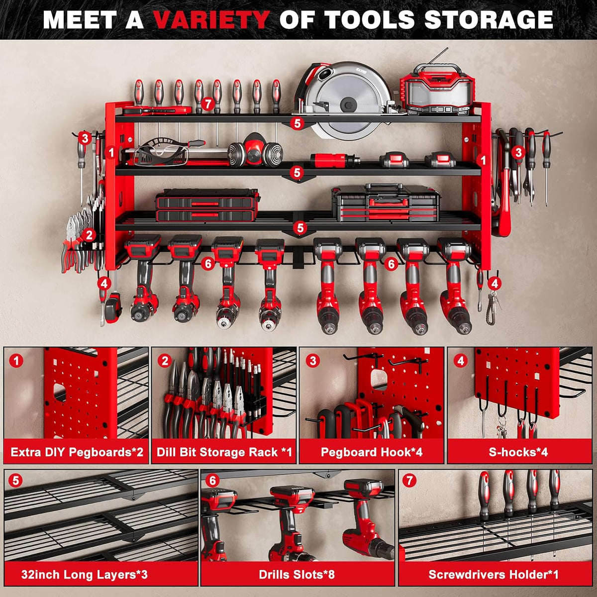 NattyDot Power Tool Drill Holder Wall Mount, 4Tier Garage Organizer, Red