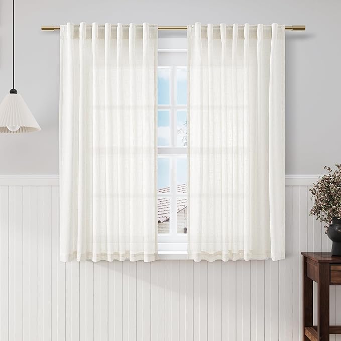 Beige White Kitchen Cafe Sheer Curtains 54 Inch Long 2 Panel Back Tab Linen by Nanspring