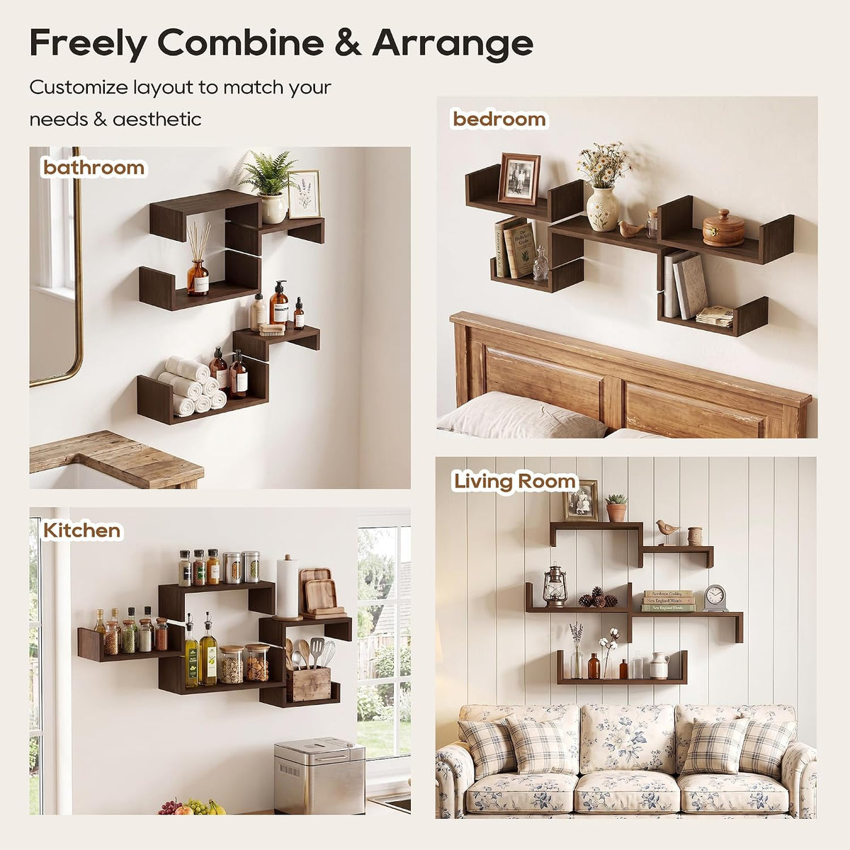 SRIWATANA Dark Walnut Floating Shelves, 5-Piece Set Wood Wall Storage Unit