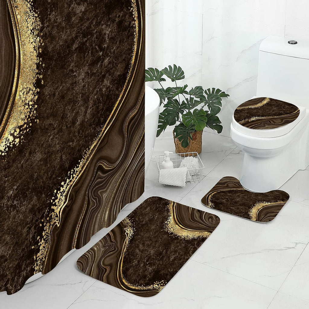 4 Pcs Luxury Marble Shower Curtain Set with Non-Slip Rugs, Toilet Lid Cover and Bath Mat, Gold Foil Brown Bathroom Decor Set with Shower Curtain and Rugs and Accessories