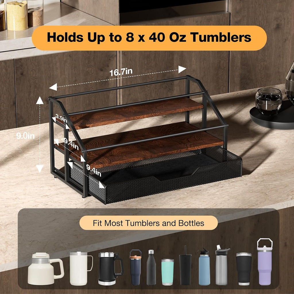 MOJOHAND 3-Tier Stanley Cup Rack with Basket for 8 Tumblers