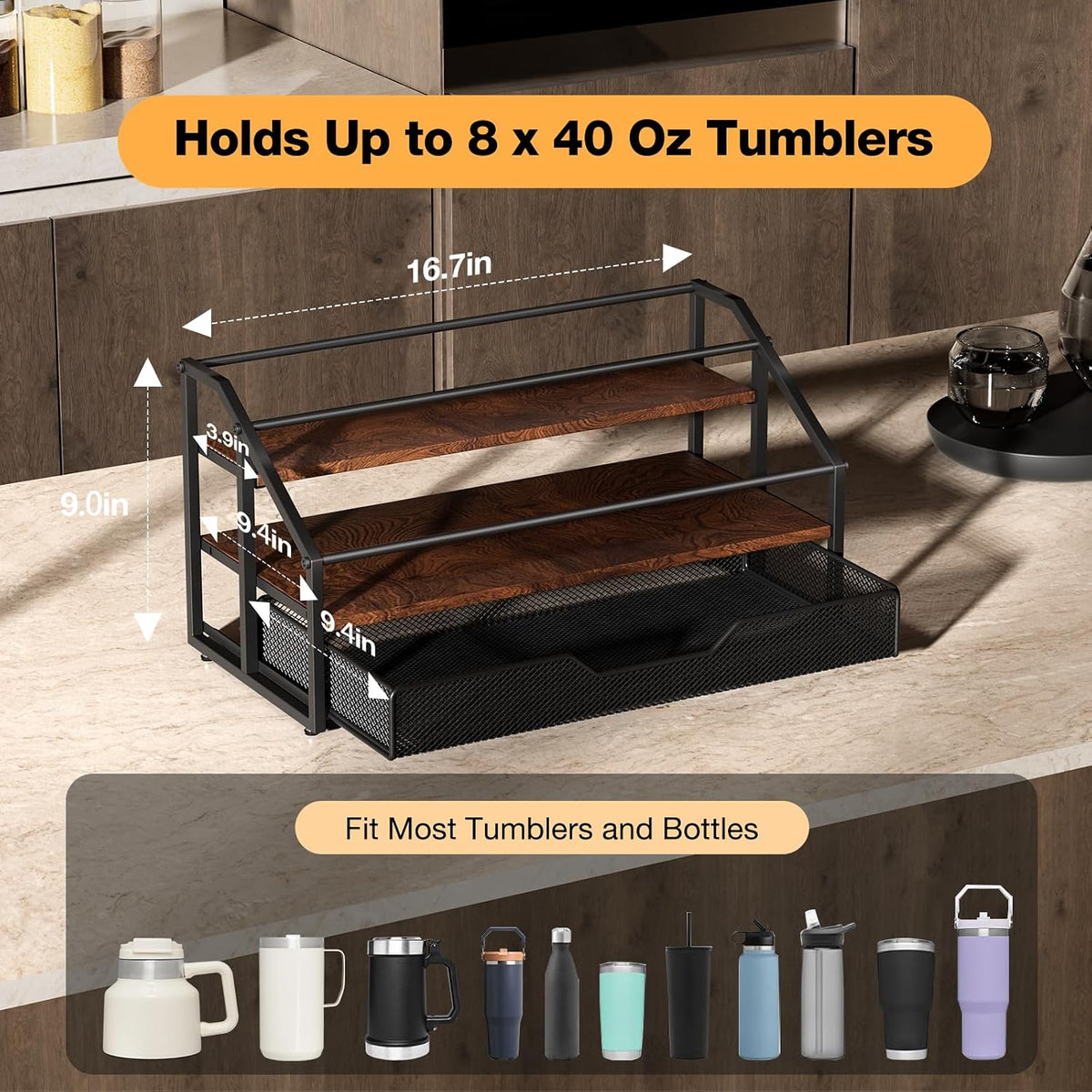 MOJOHAND 3-Tier Stanley Cup Rack with Basket for 8 Tumblers