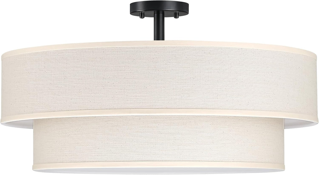2 Tier 21" Black Semi-Flush Mount Light Cream Fabric Drum Shade