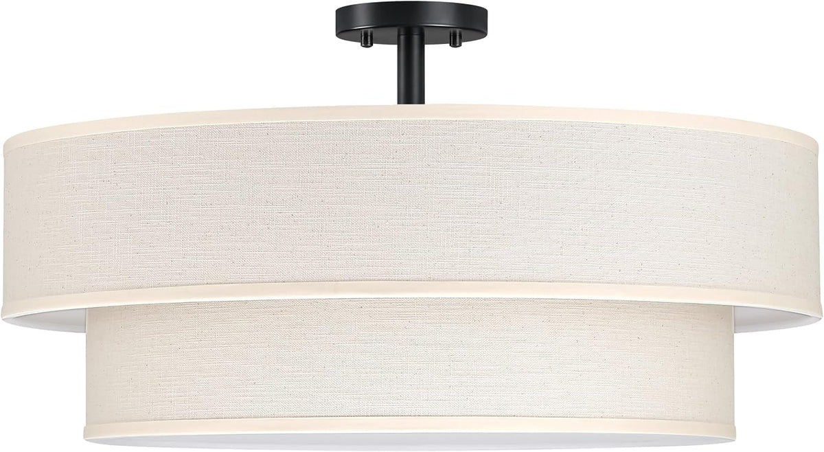 2 Tier 21" Black Semi-Flush Mount Light Cream Fabric Drum Shade