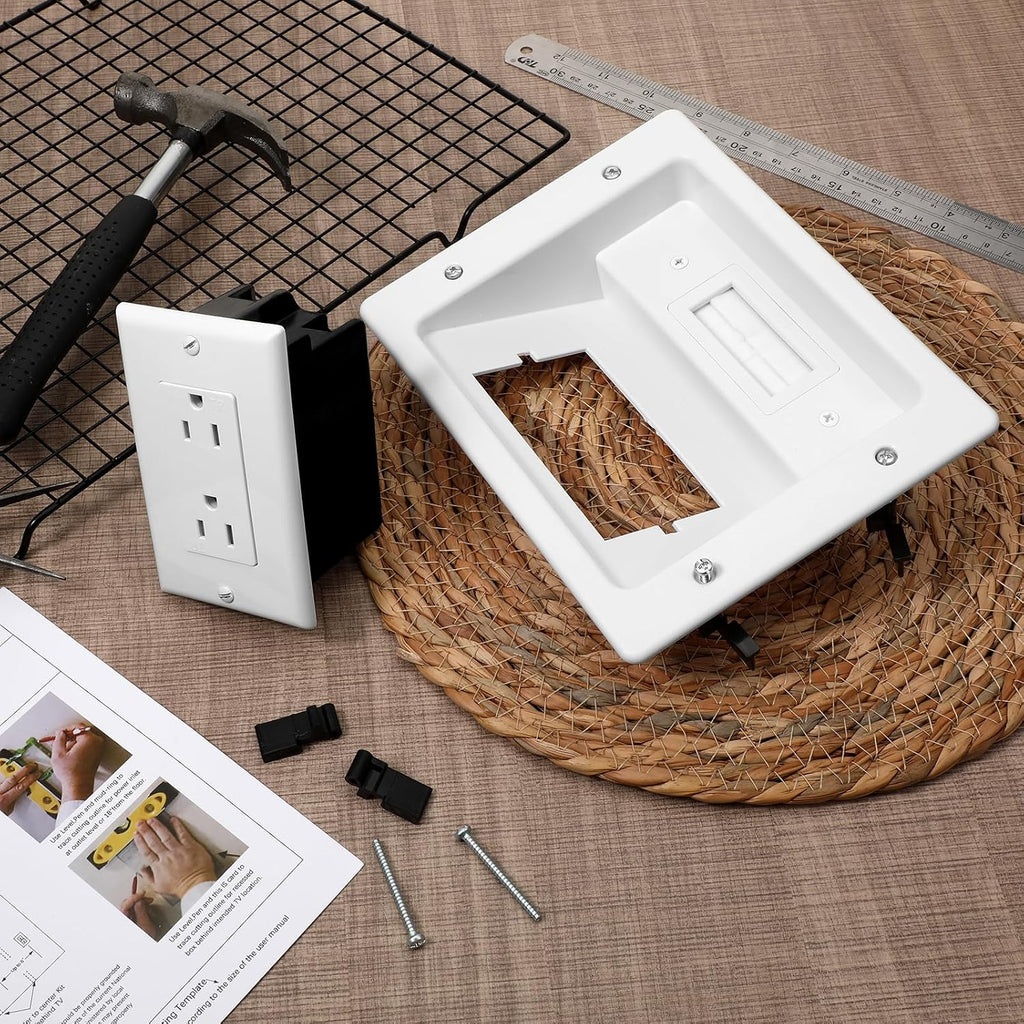 Recessed TV Outlet Box, Dual Outlet Power Cable Management Outlets in Wall Media Box, Low Voltage Wires Hider Kit Electrical Accessories for Saving Home Theater & Office Space