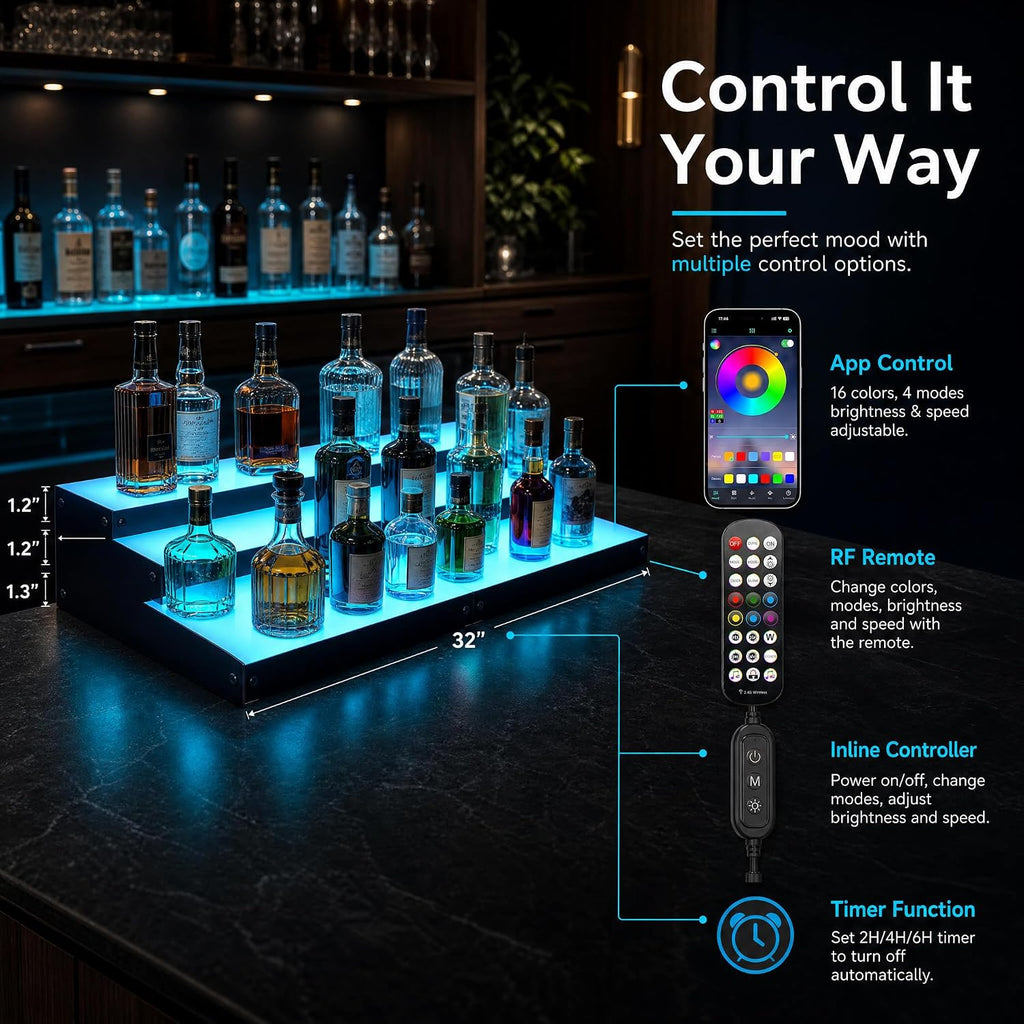 LED Liquor Bottle Display Shelf, 3-Tier 32 Inch Lighted Bar Shelf