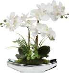 Briful 15" White Faux Orchid Arrangement in Silver Boat Pot Table Decor
