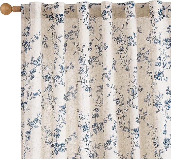Lazzzy 90 Inch Length Curtain for Living Room Bedroom Blue Floral Drapes Linen by Lazzzy