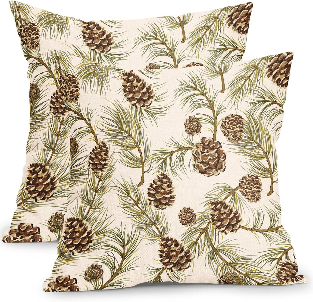 Winter Pine Cone Pillow Covers 18x18 Inch Set of 2 Christmas Theme Pinecone Plant Outdoor Throw Pillows Rustic Xmas Holiday Pillowcases for Couch Sofa Bed Home Decor