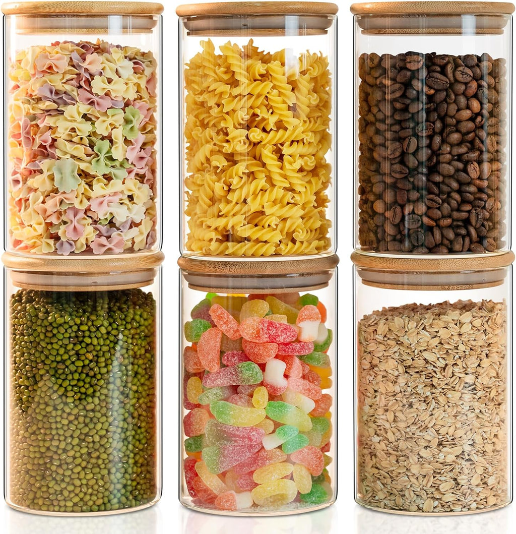 Liuruiyu 6 Pack Glass Food Storage Jars 37 oz,Glass Storage Containers Clear Glass Food Canister with Bamboo Lid Airtight For Serving Tea, Coffee, Flour, Sugar, Candy, Cookie, Spice and More (Square)